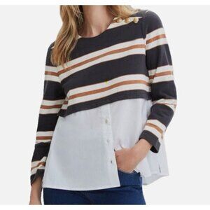 Veronica Beard Bertie Layered Top L - Charcoal/Tan/White Stripes, Gold Buttons